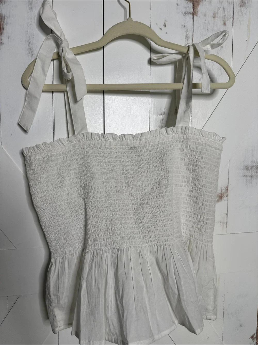 J. Crew White Smocked Tie-Shoulder Peplum Tank